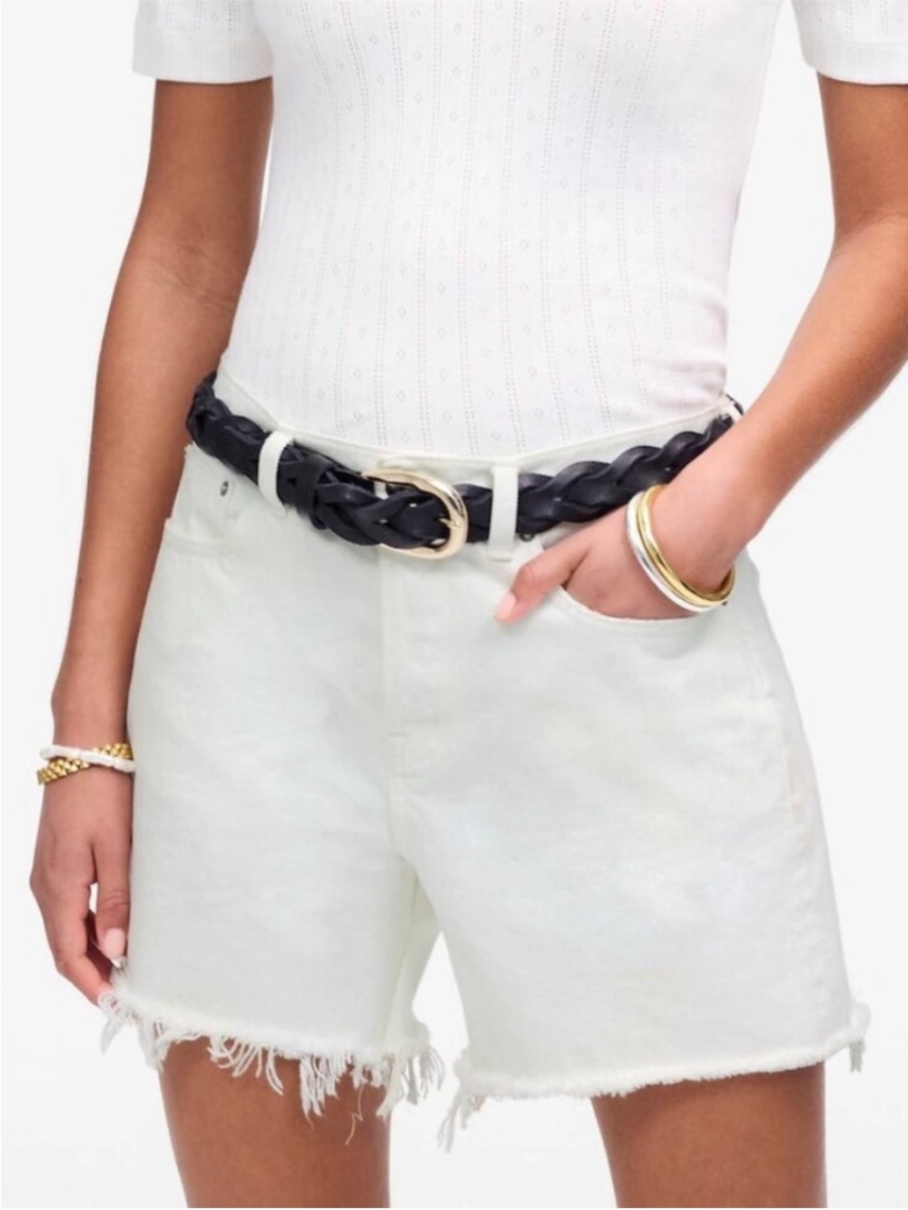 Madewell NWT Brynn Long Denim Shorts Size 27 High Rise Raw Hem Button Fly White